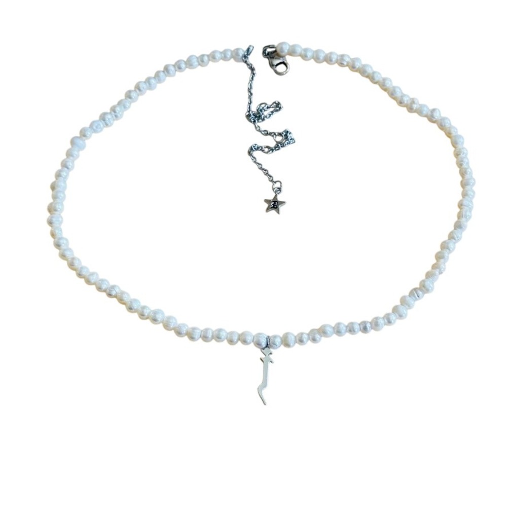 Dalmata Dagger Freshwater Pearl Necklace Choker Stainless Steel Goth Rockabilly